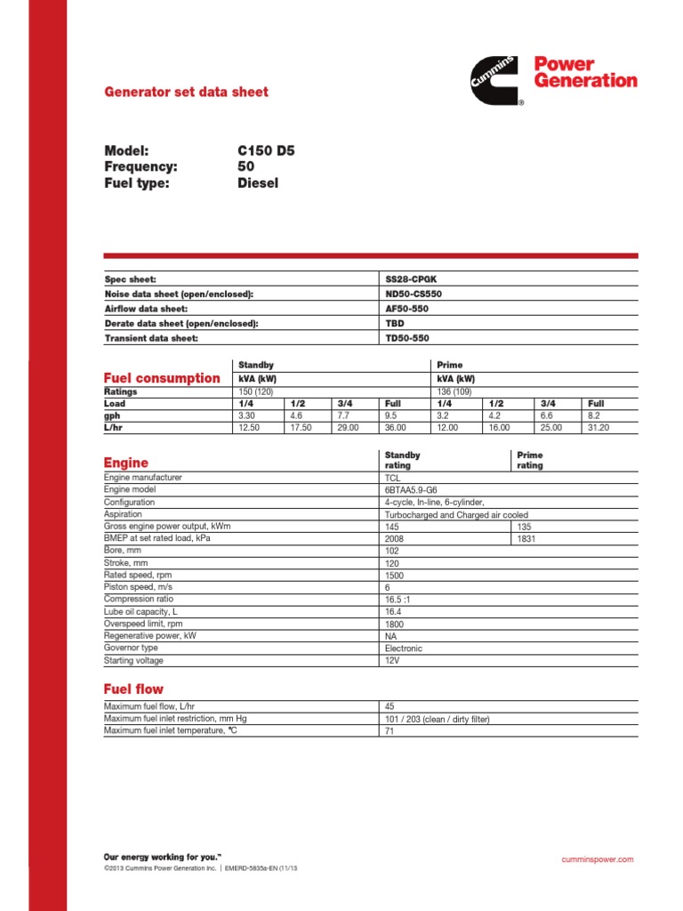 Model Frequency Fuel Type C150 D5 50 Diesel Generator Set Data