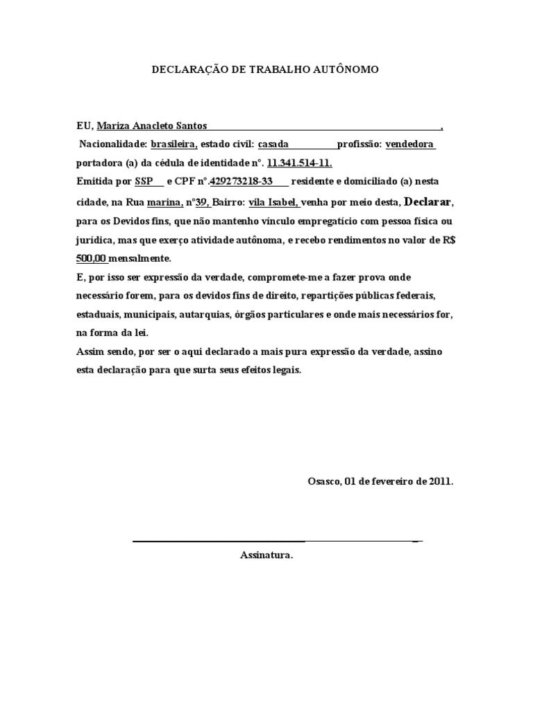 DECLARAÇÃO DE TRABALHO AUTÔNOMO