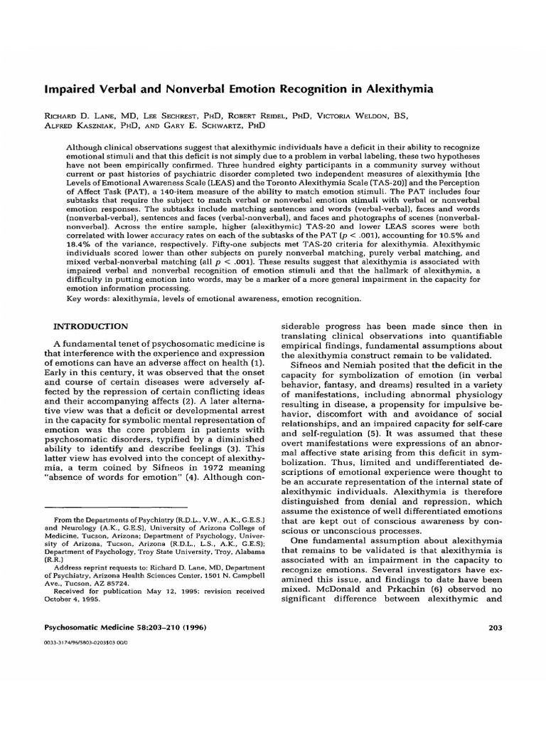 Emotion Recognition Deficits in Alexithymia | PDF | Affect (Psychology ...