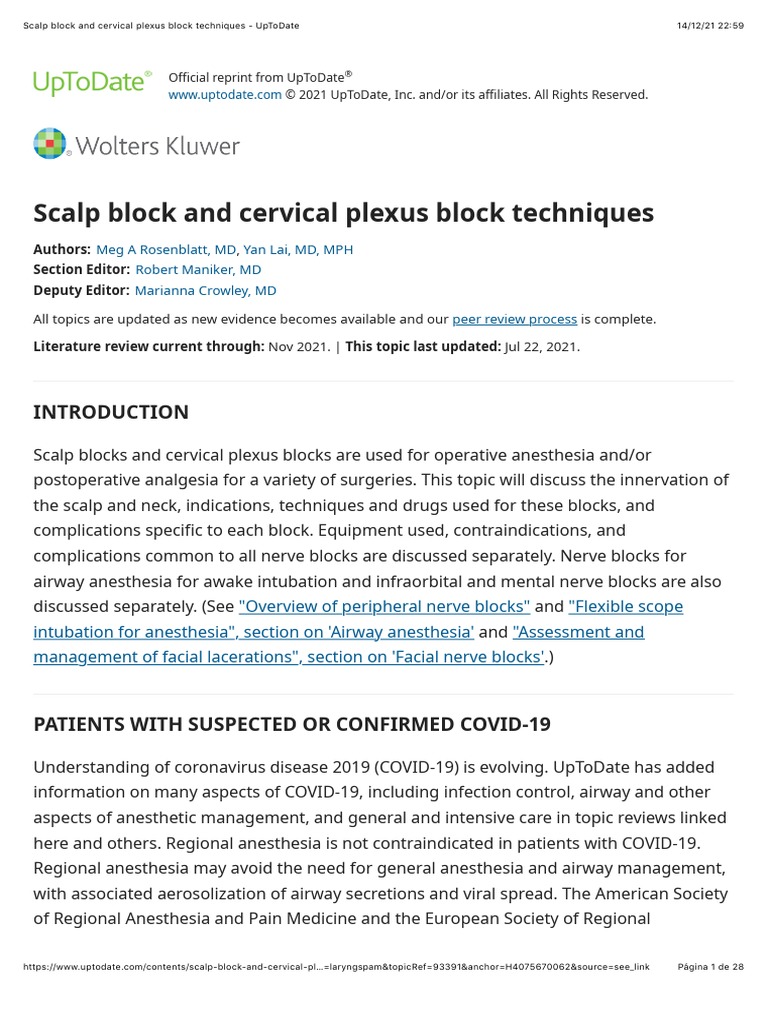 Scalp Block and Cervical Plexus Block Techniques UpToDate PDF
