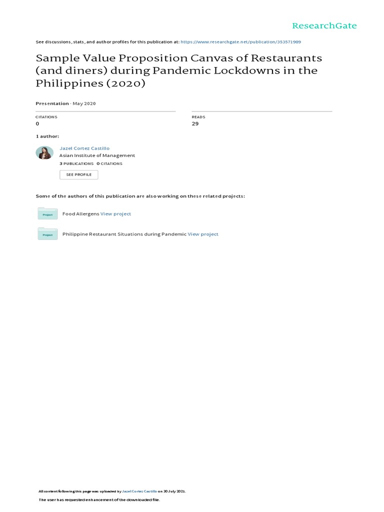 Sample Value Proposition Canvas PDF Menu Foods