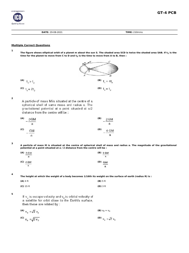 GT-4 PCB Physics Multiple Choice Questions | PDF | Rotation Around A ...