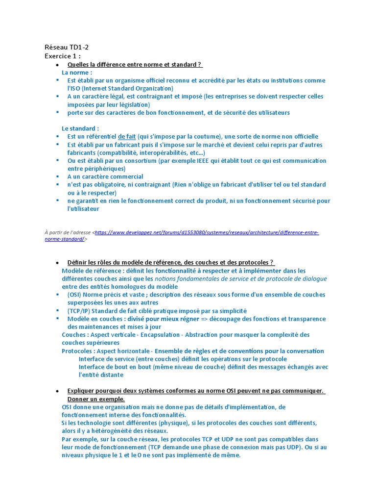 Exercice Corrigé Modele Osi Et Tcp/ip Pdf Réseau TD1-2 | PDF | Modèle OSI | Protocoles Internet