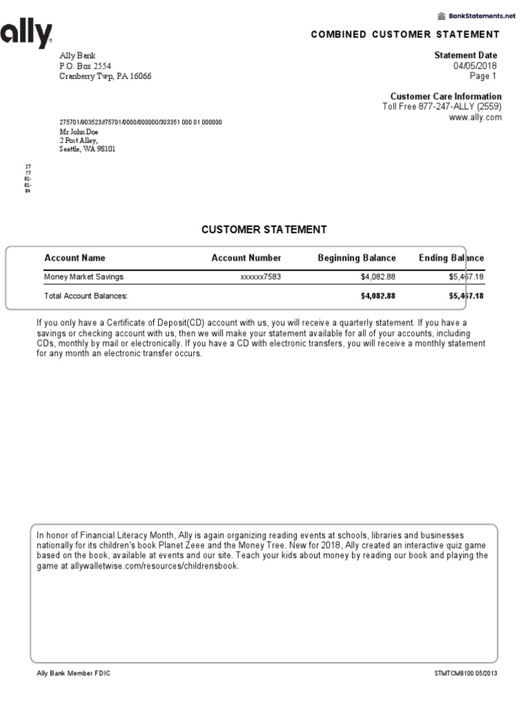 Ally Bank Customer Statement Overview | PDF | Overdraft | Banks