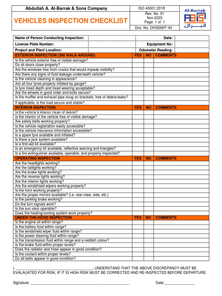 40-Point Vehicle Inspection Checklist | PDF | Vehicles | Tire