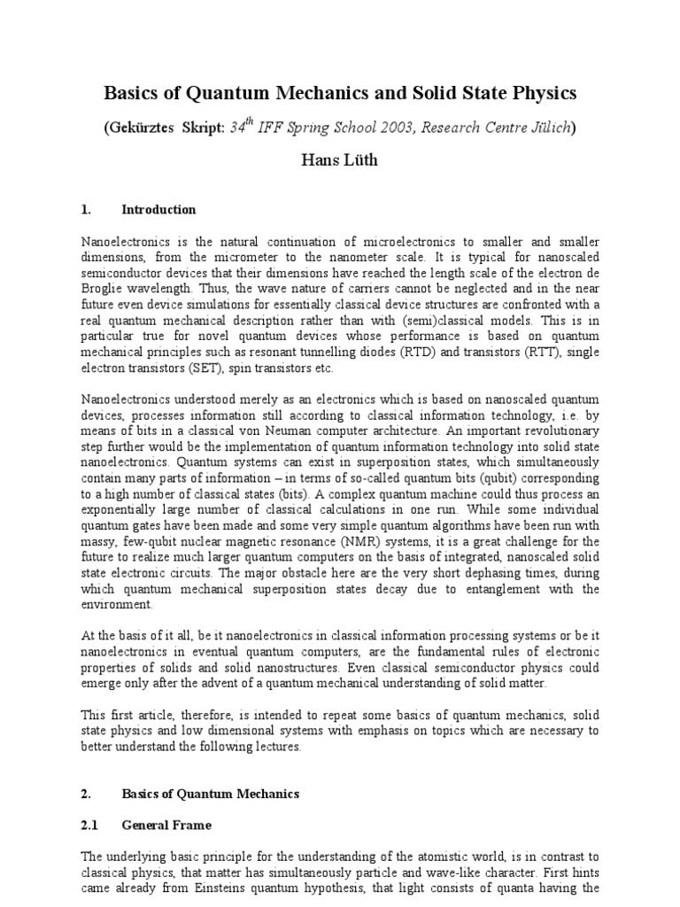 Basics of Quantum Mechanics and Solid State Physics | PDF | Business