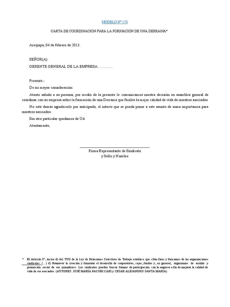 Modelo Carta De Coordinaci n Para La Formaci n De Una Derrama PDF