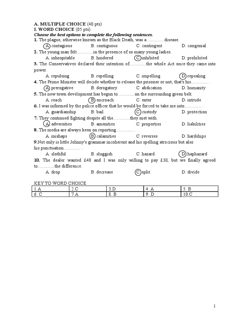 Choose The Best Options To Complete The Following Sentences PDF
