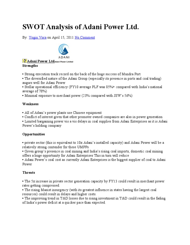 SWOT Analysis of Adani Power Ltd. | PDF | Business | Computers