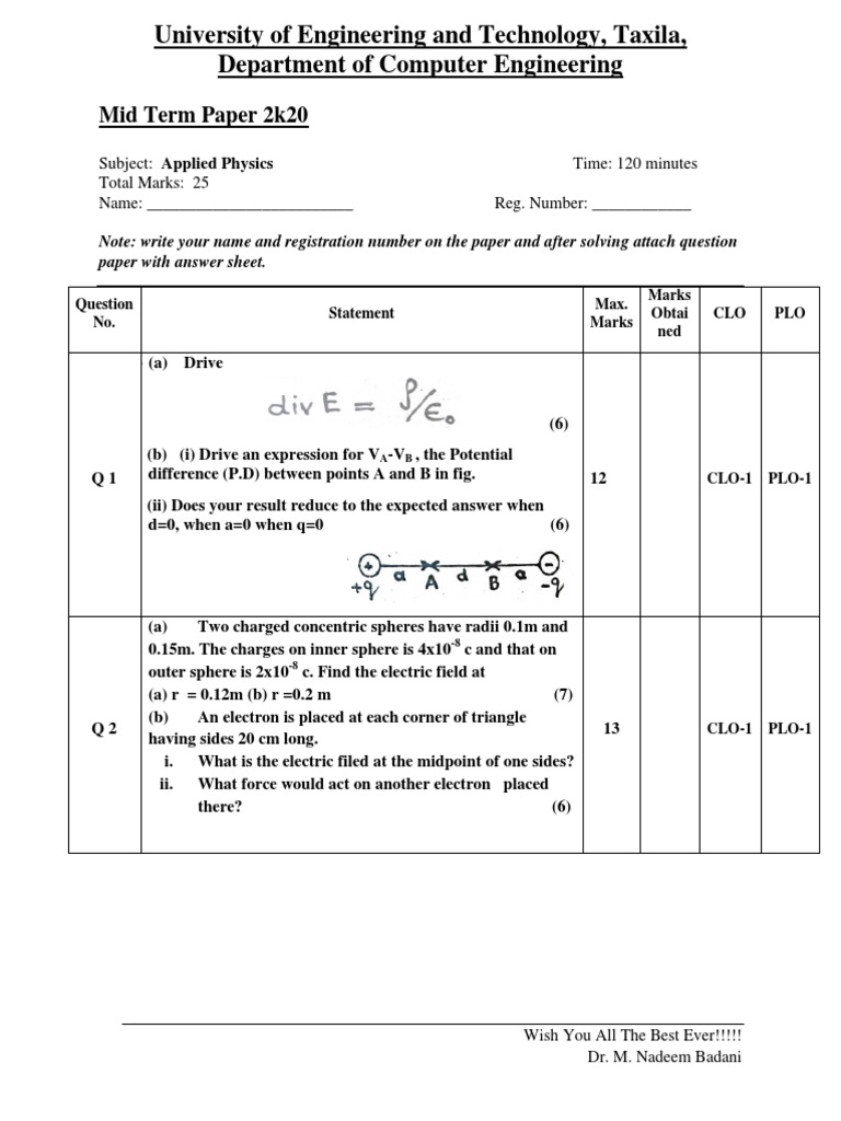 Applied Physics Mid Term Exam 2020 | PDF