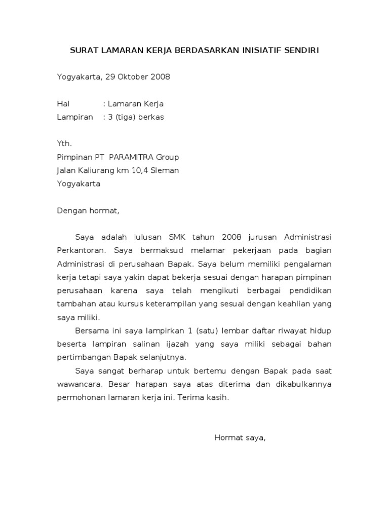 Contoh Surat Lamaran Berdasarkan Inisiatif Sendiri - Bagi ...