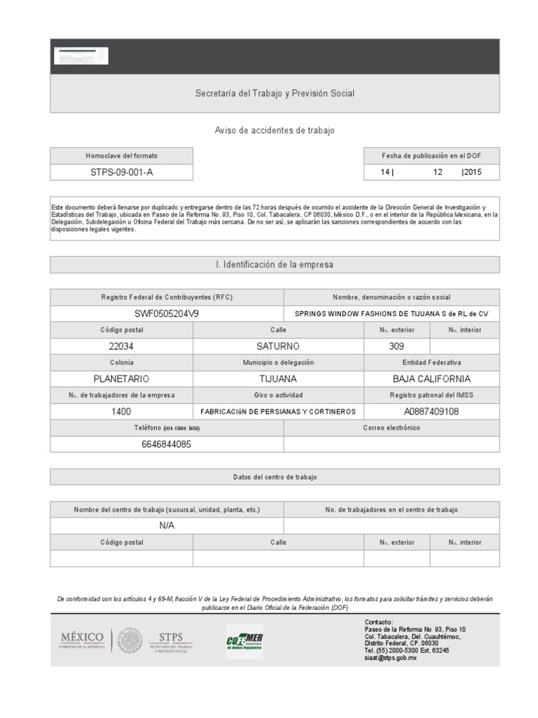 Aviso de Accidentes Laborales STPS | PDF | Ciudad de México