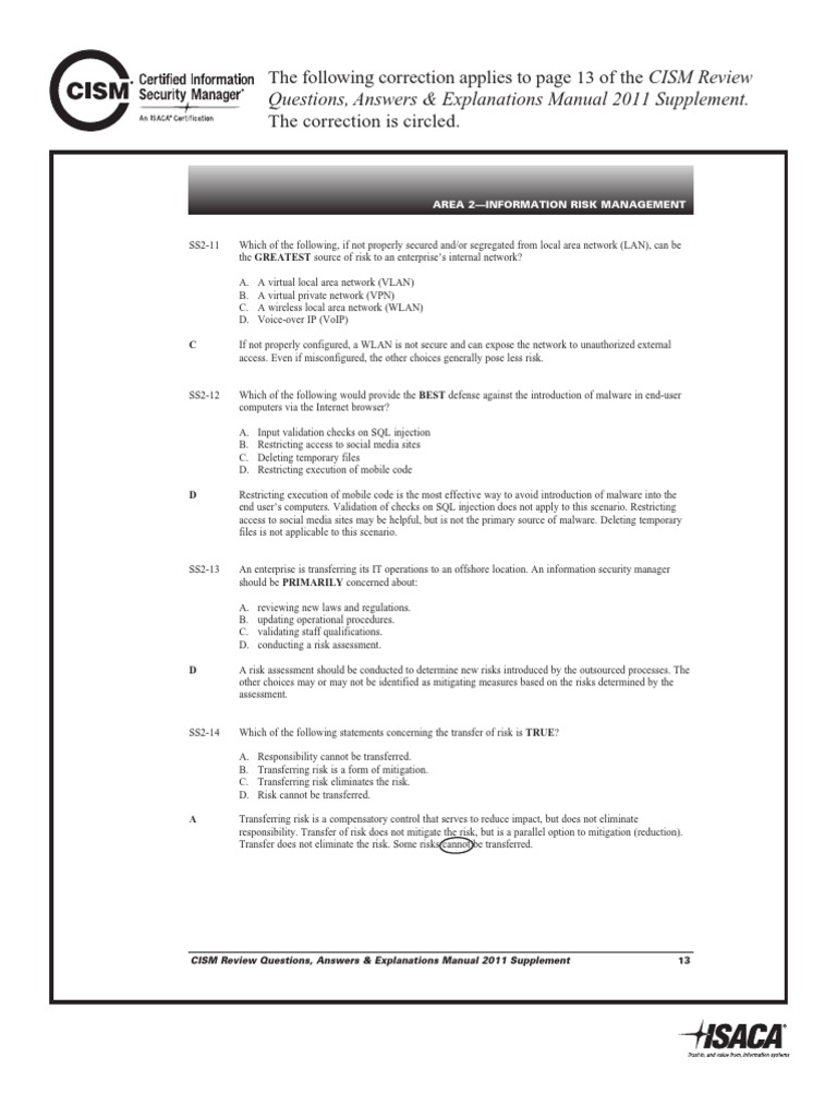 CISM-QAE-sup-correction1-24-2010 | Information Security | Risk. CISA Review  Questions, Answers & Explanations Manual, 11th Edition