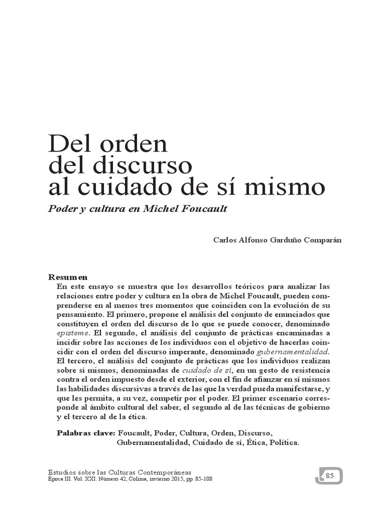Del Orden Del Discurso Al Cuidado de Sí Mismo PDF Michel Foucault Verdad