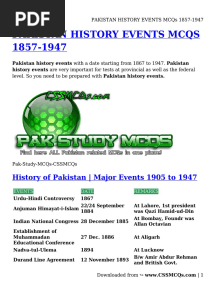 PAKISTAN HISTORY EVENTS MCQs 1857-1947