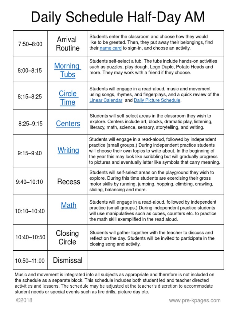 Preschool Daily Schedule PDF Teachers Literacy
