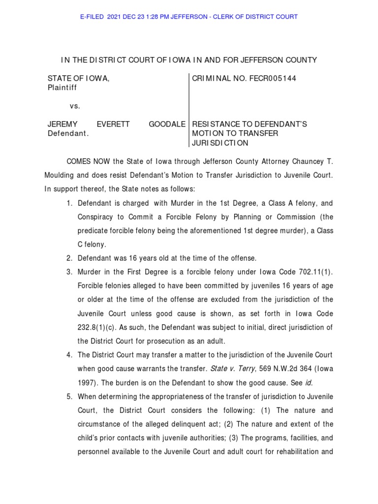 Resistance RE Motion To Revert To Juvenile Court | PDF | Murder ...