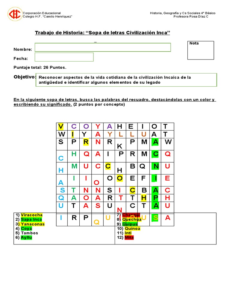 28SOPA DE LETRAS IMPERIO INCA 4° | PDF | Imperio Inca | Andes