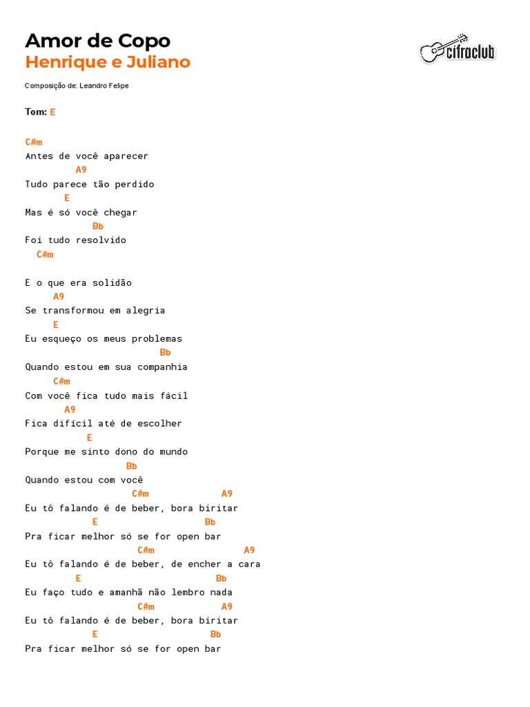 CIFRA - Amor de Copo - Henrique e Juliano | PDF