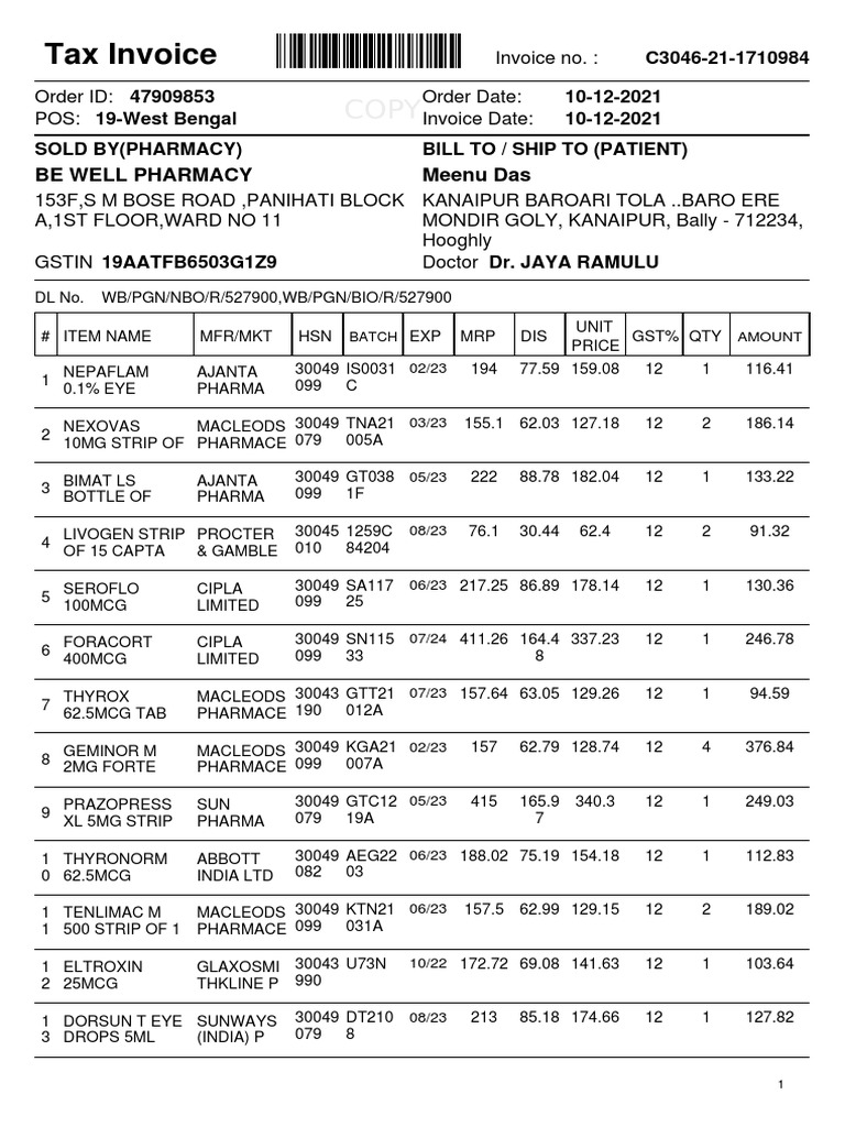Tax Invoice for Be Well Pharmacy | PDF | Economy Of India | Payments
