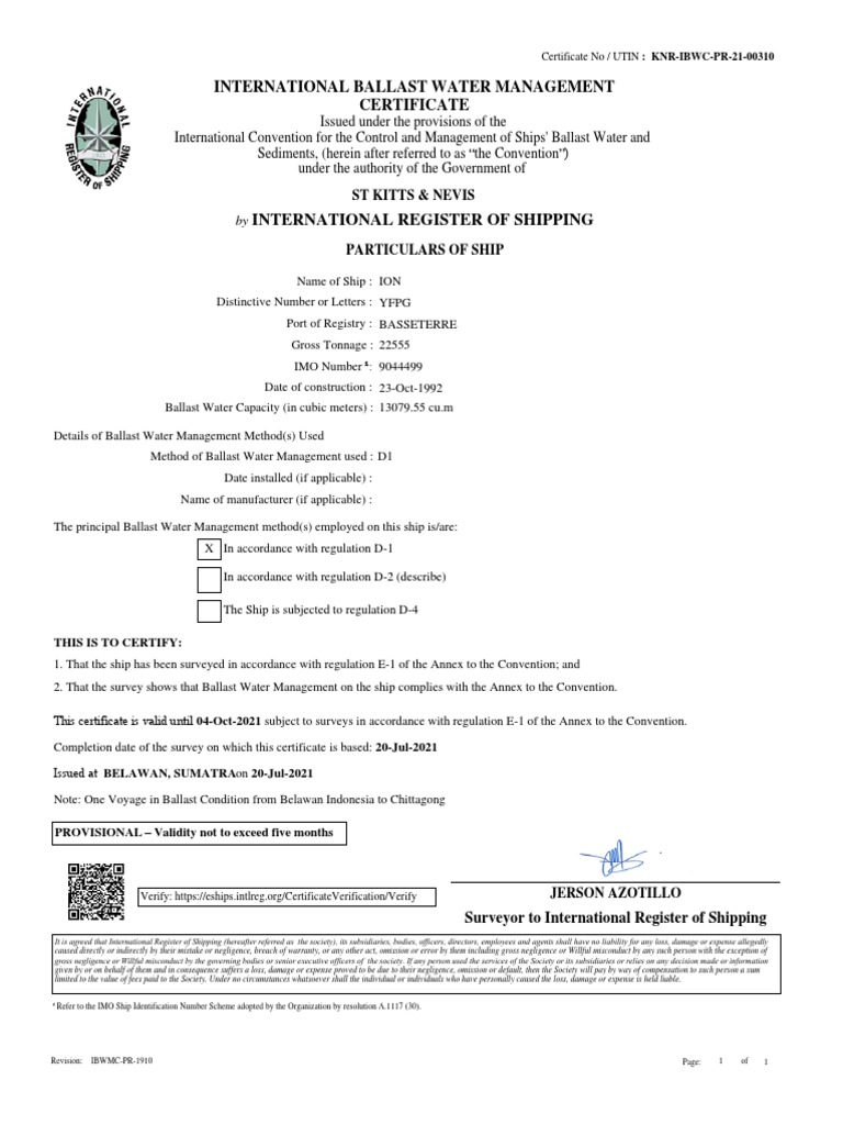 International Ballast Water Management Cert Provisional PDF