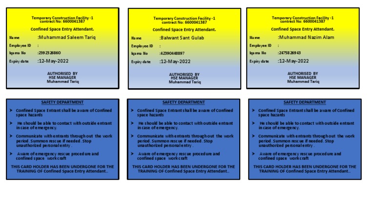 Confined Space Entry Attendant Training Card | PDF | Emergency ...