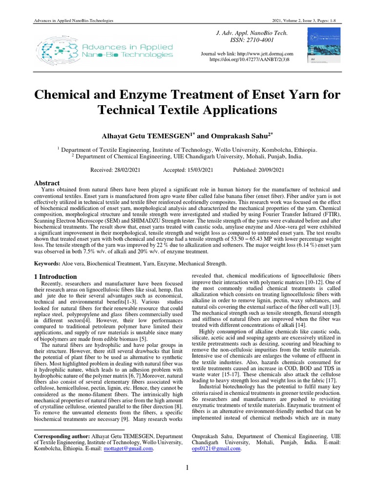 Chemical and Enzyme Treatment of Enset Yarn For Technical Textile