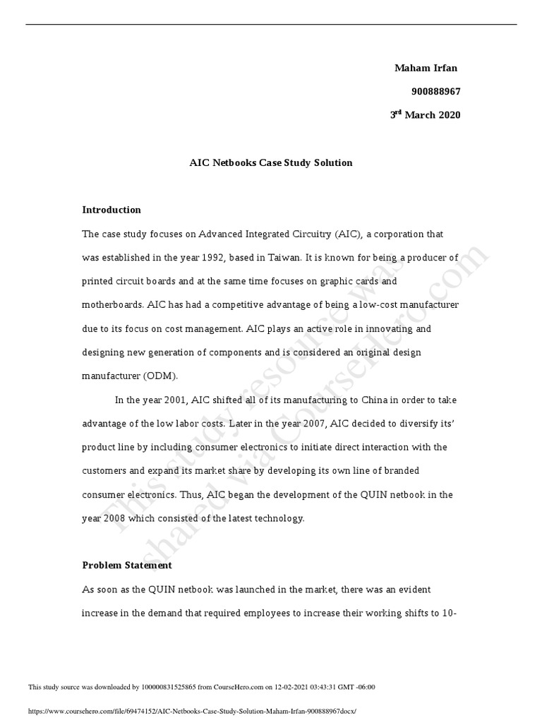 AIC Netbooks Case Study Solution Maham Irfan 900888967 | PDF ...