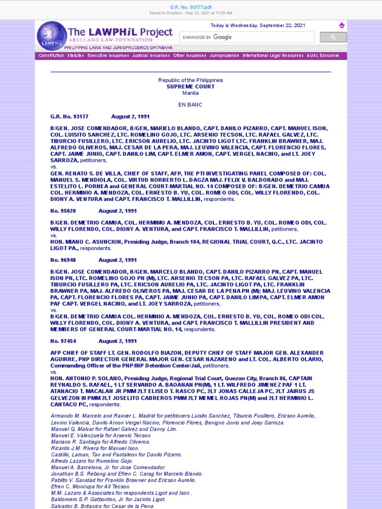 Philippine Supreme Court Cases 1991 | PDF | Appeal | Court Martial