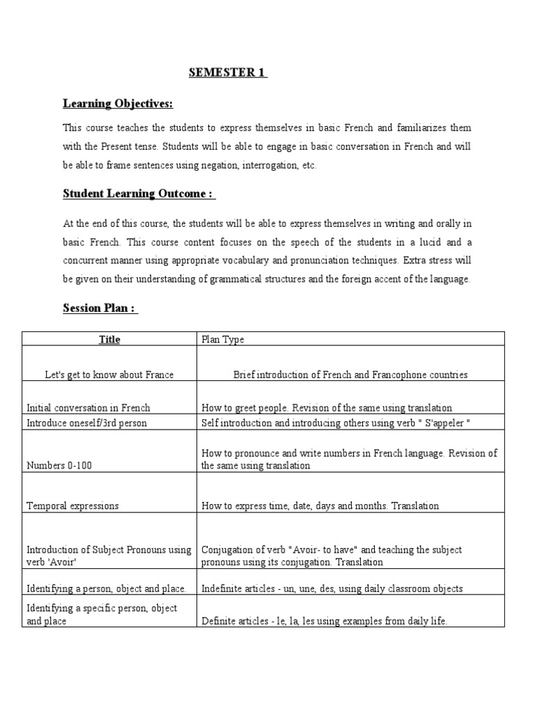 Semester 1 Learning Objectives Title PDF French Language