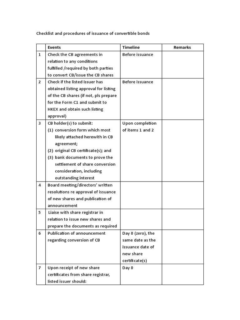 Checklist and Procedures of Issuance of Convertible Bonds PDF