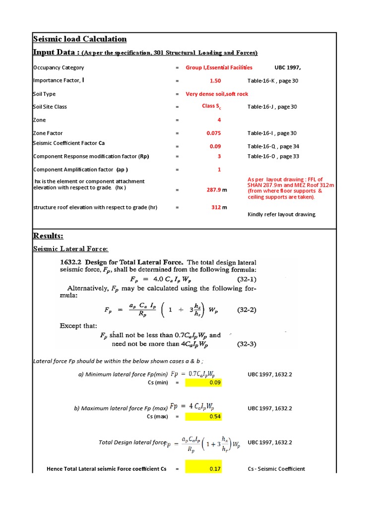 Seismic Load Calculation Input Data:: (As Per The Specification, 301 ...