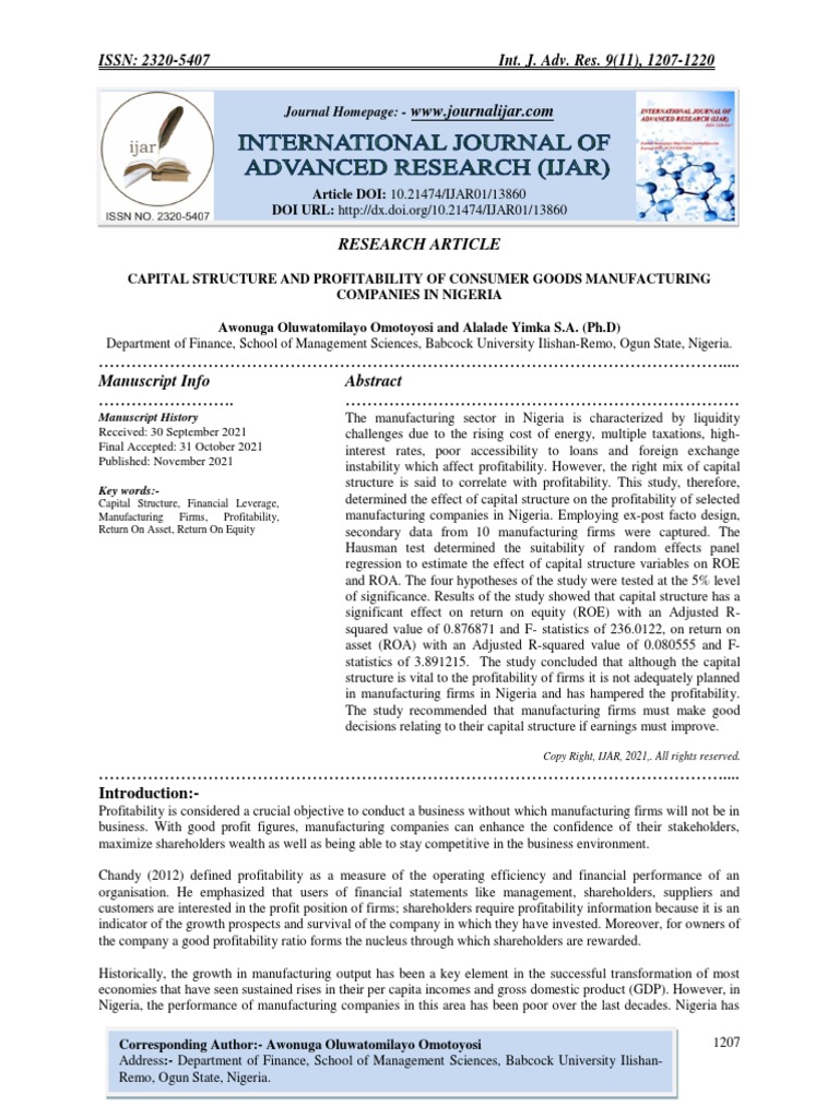 Capital Structure and Profitability of Consumer Goods Manufacturing