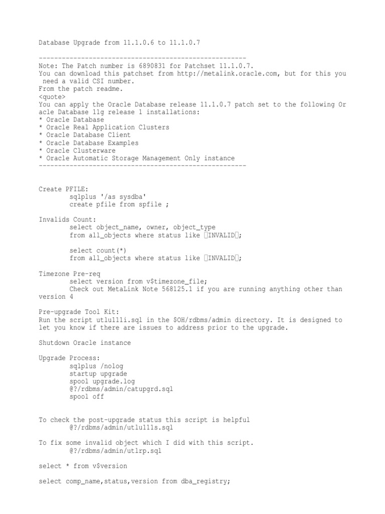 Database Upgrade From 11.1.0.6 To 11.1.0.7 | PDF | Oracle Database ...