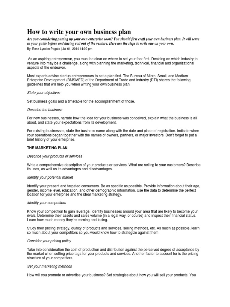 How To Write Your Own Business Plan PDF Pricing Marketing