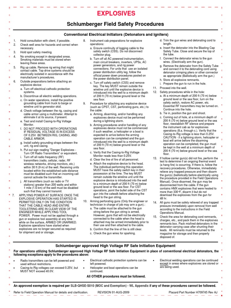 Explosives: Schlumberger Field Safety Procedures | PDF | Electrical ...