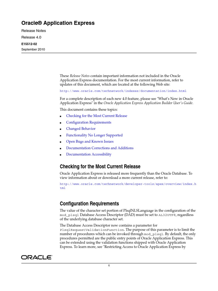 Oracle APEX 4.0 Release Notes Summary | PDF
