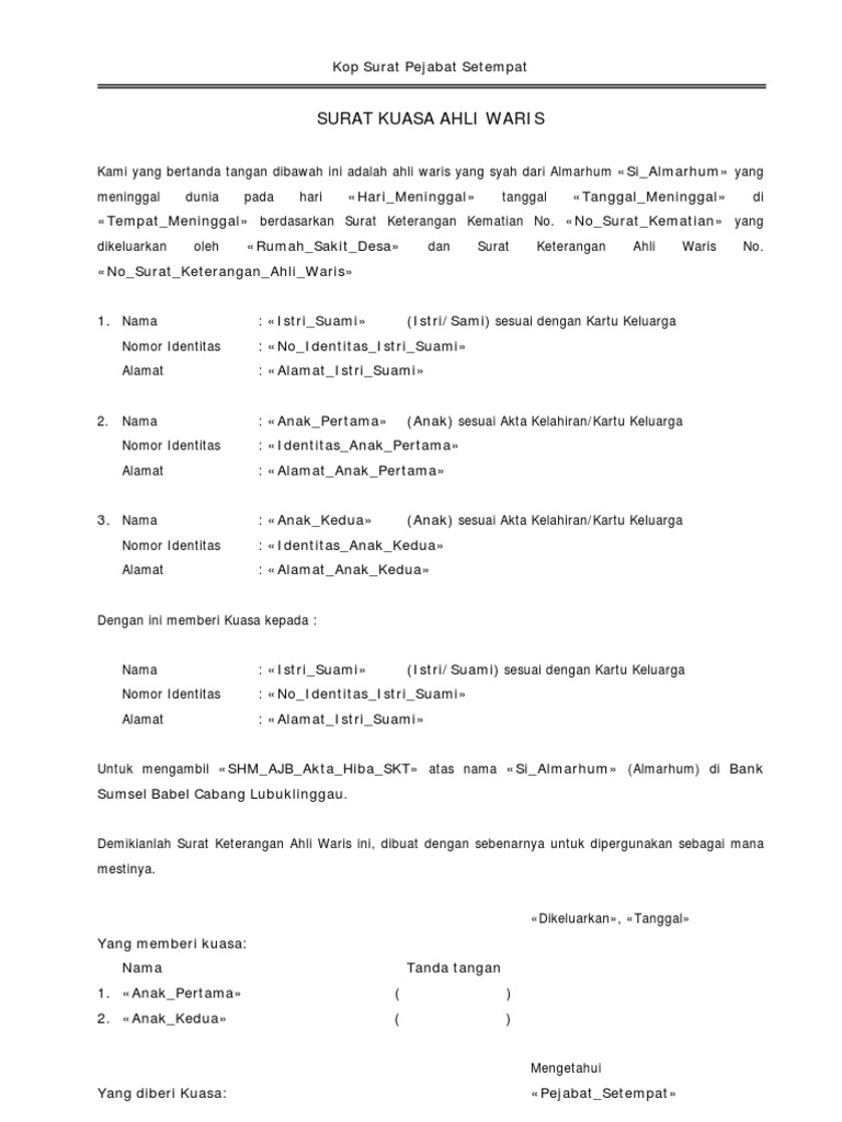 Contoh Surat Kuasa Ahli Waris Tanah Doc