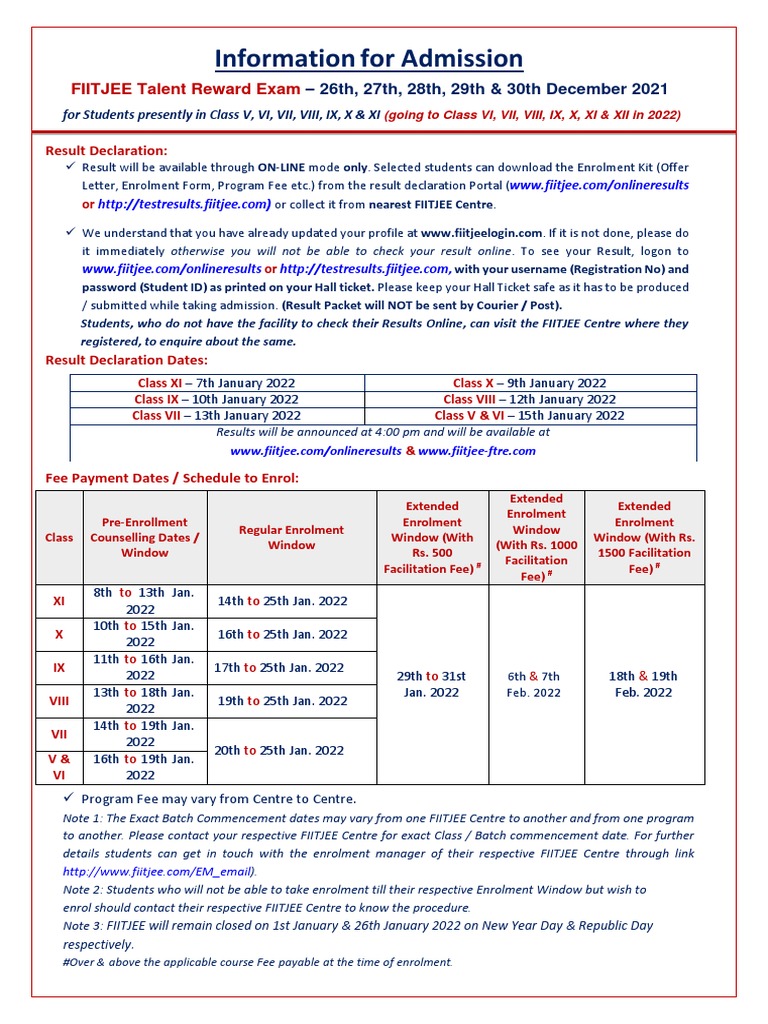 Information For Admission: FIITJEE Talent Reward Exam | PDF | Finance ...