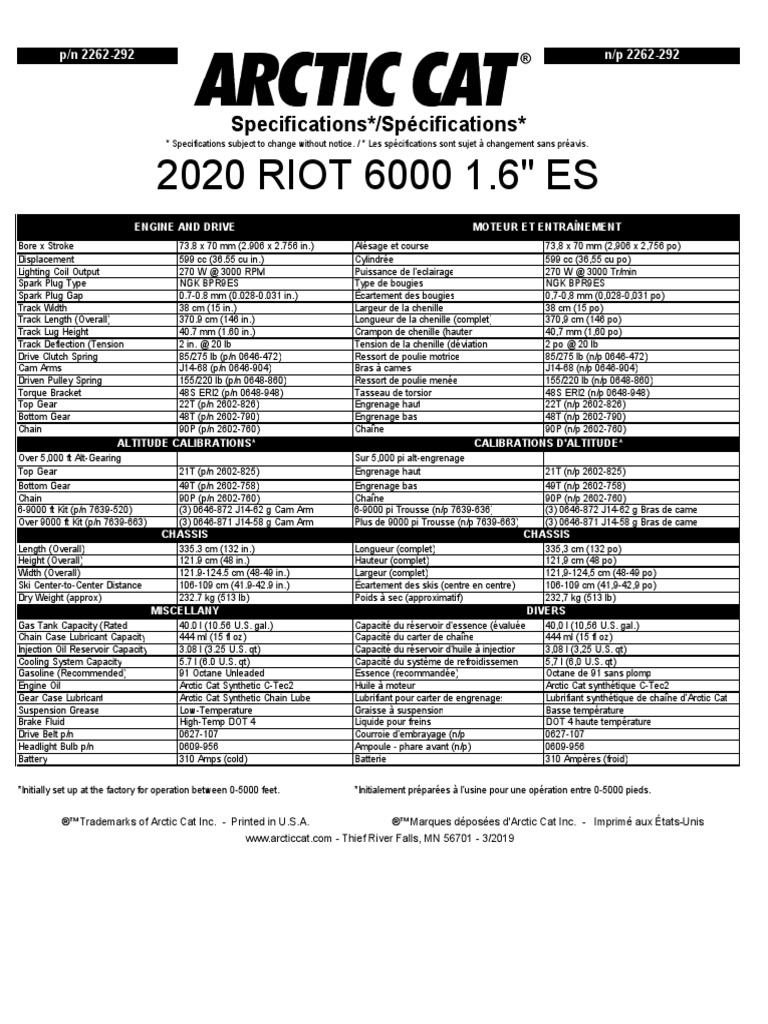 2020 Snowmobile Specifications PDF Biens manufacturés Ingénierie mécanique