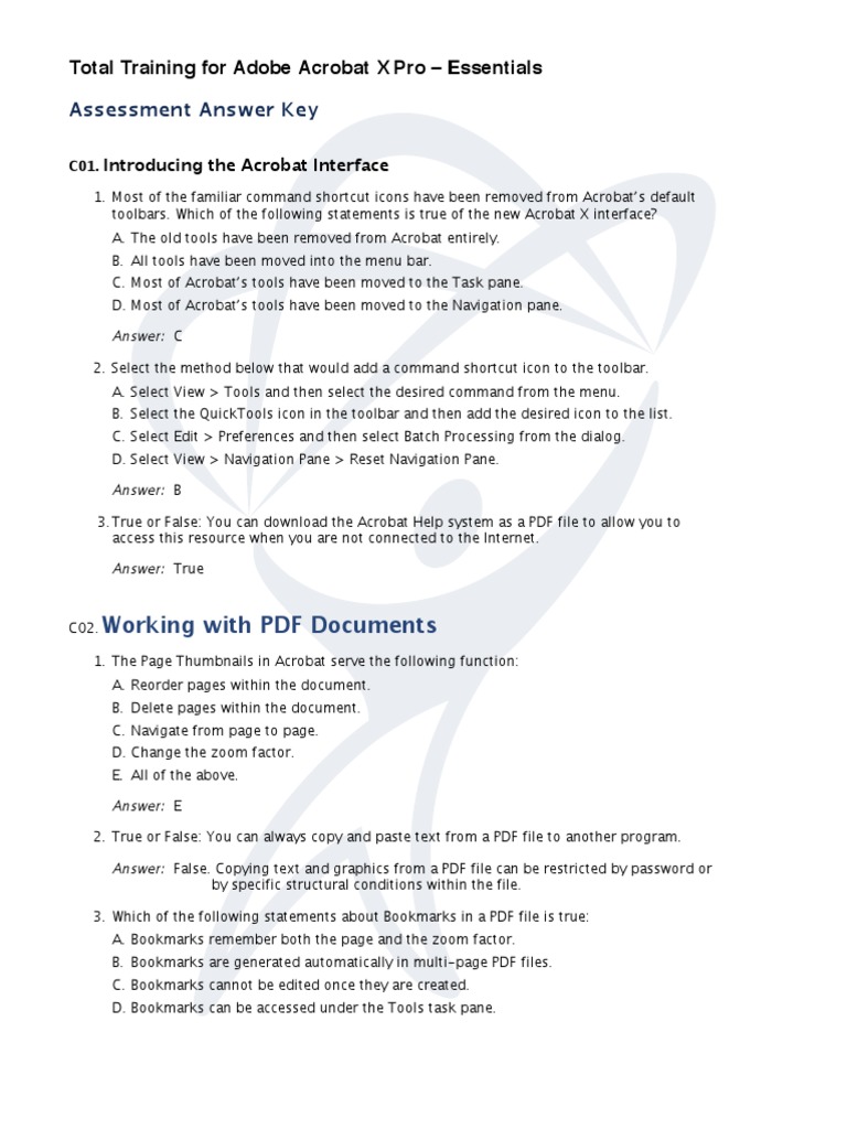 Acrobat X Pro Essentials Assessment Key | PDF | Software | Computing