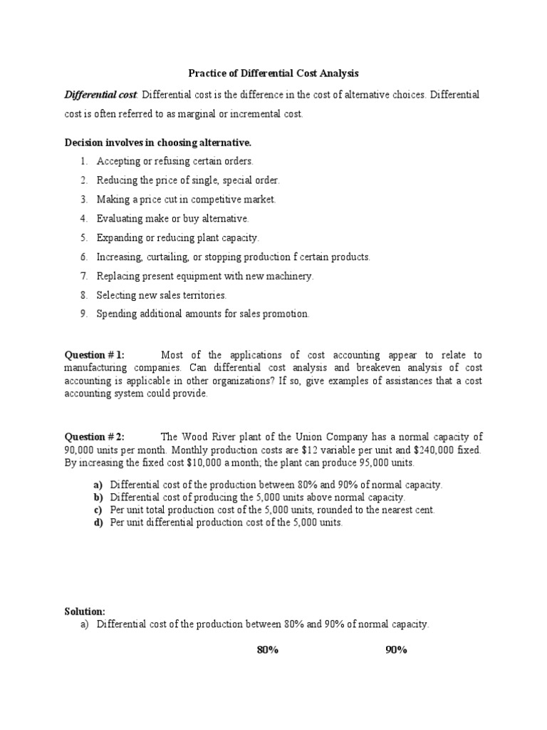 Practice of Differential Cost Analysis PDF Marginal Cost Depreciation
