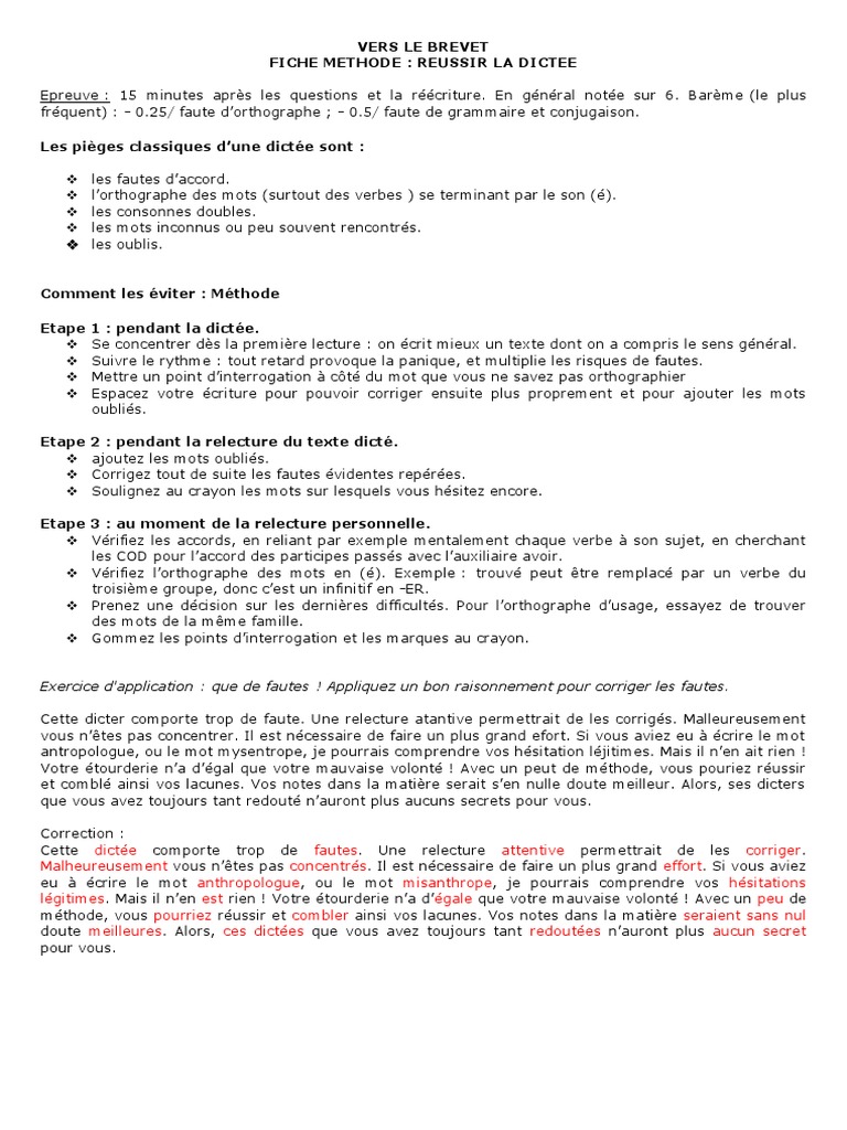 Textes Avec Fautes à Corriger Pdf VERS LE BREVET Fiche Dictee Prof | PDF | Orthographie | Verbe