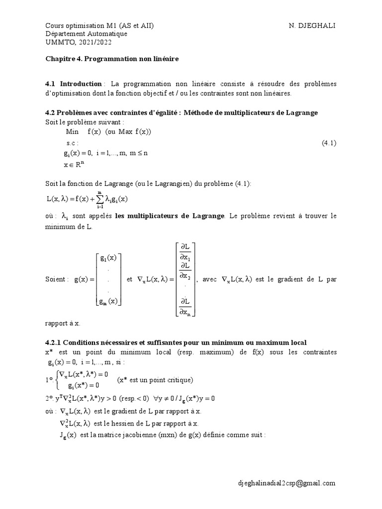Programmation Non Linéaire M1 | PDF | Optimisation mathématique | Analyses