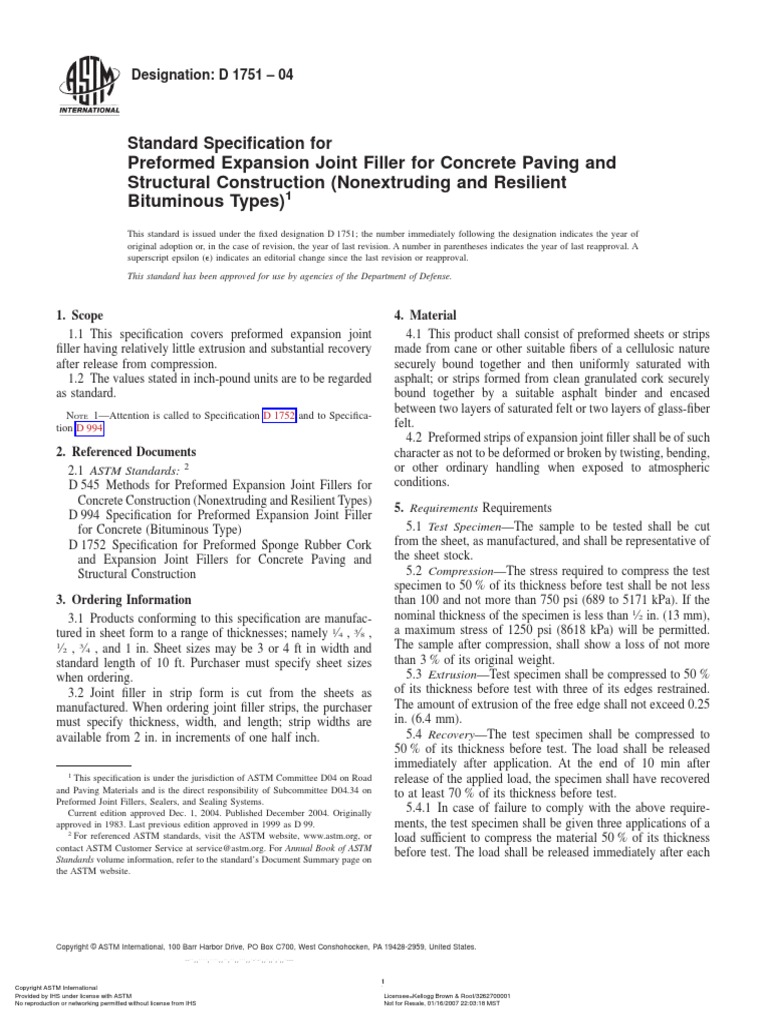 Preformed Expansion Joint Filler For Concrete Paving and Structural
