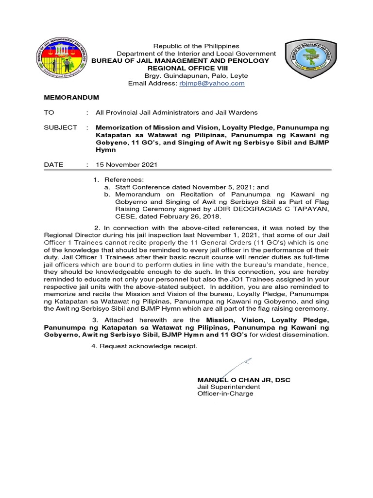 BJMP Loyalty Pledge Memorandum | PDF | National Security | Government