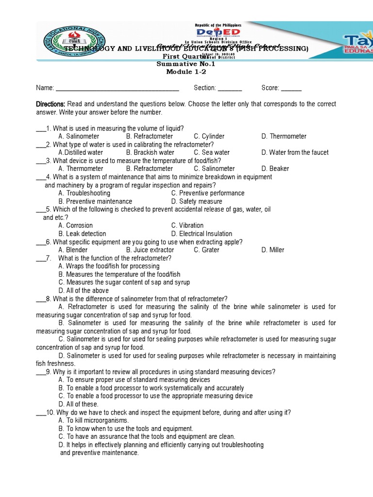 FOOD (FISH) PROCESSING TLE 8 Q1 With Tos PDF Foods Hygiene