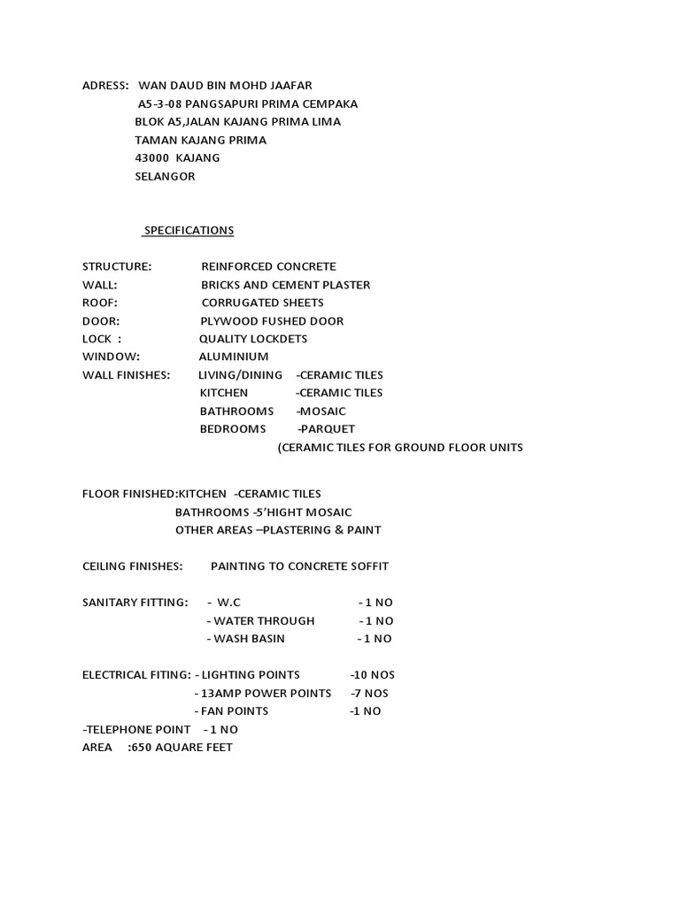 Kajang Apartment Specifications | PDF