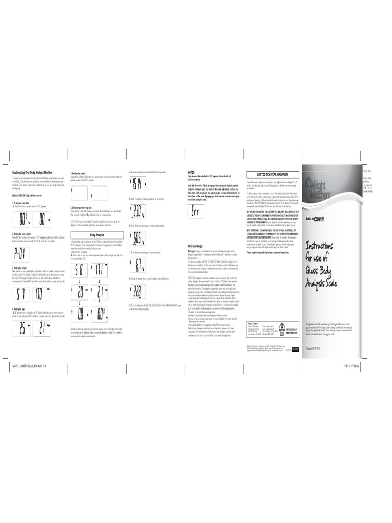 WW701 Weight Watchers Bathroom Scales Instruction Booklet PDF Body