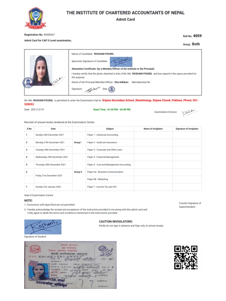 The Institute of Chartered Accountants of Nepal Admit Card PDF